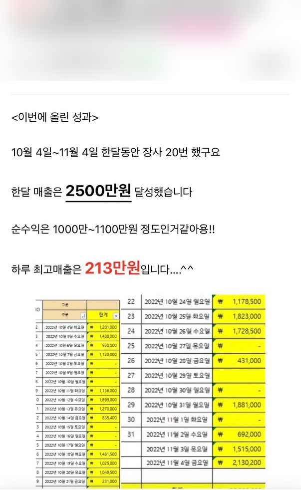 월 매출 2,500만원 순수익 1,000만원
